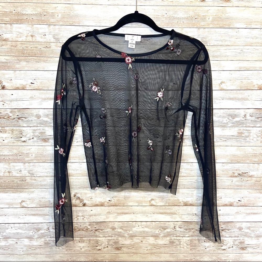 Ivy + Main Black Floral Sheer Top